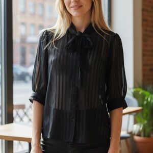 Black Striped Sheer Buttoned Down Blouse with Bow